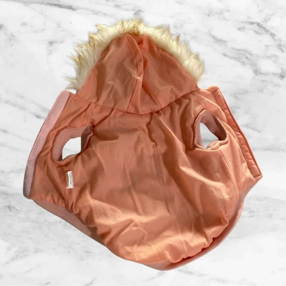 Peach Dog Coat with Faux Fur Hood & Gold Star Print​